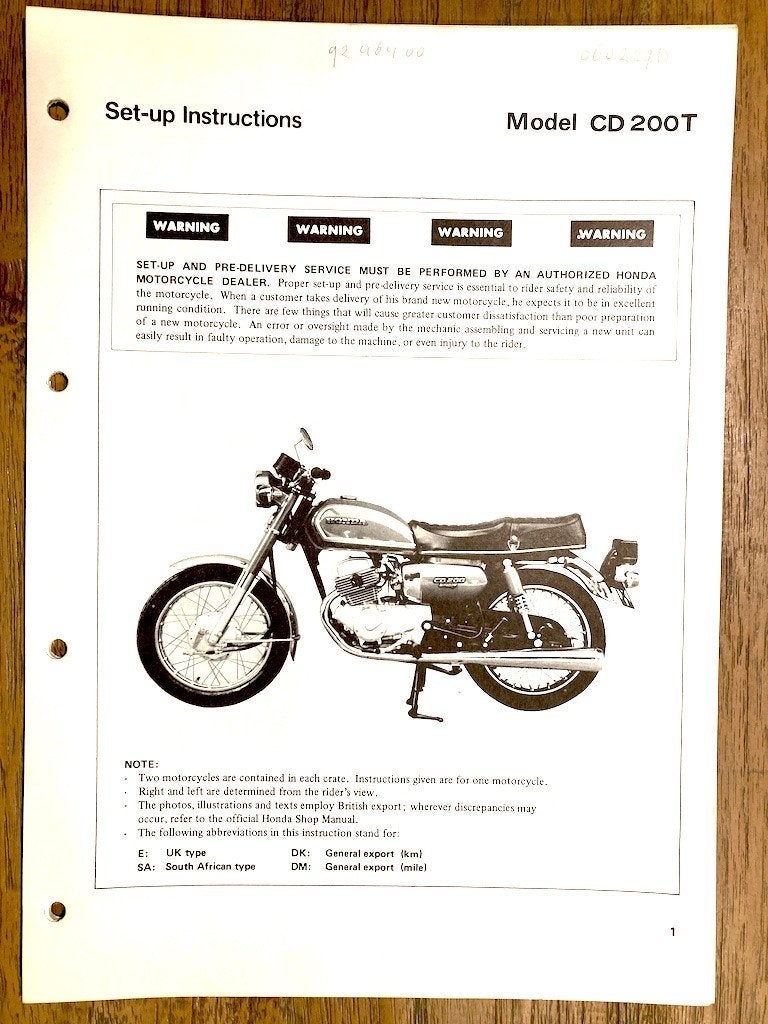 Honda CD200T 1980 Set-up Instructions, Motoren, Ophalen of Verzenden, Honda