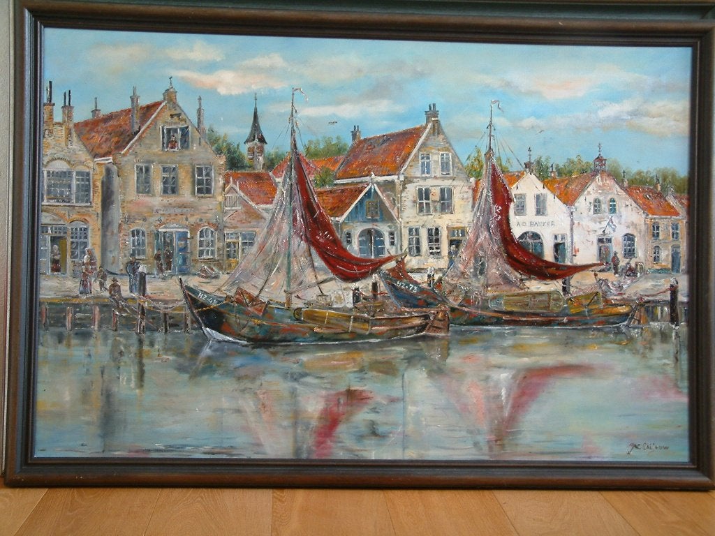 Zuiderzee botters in de haven 120 x 80 cm, Maritiem / water, Doek, Ophalen of Verzenden, Gesigneerd