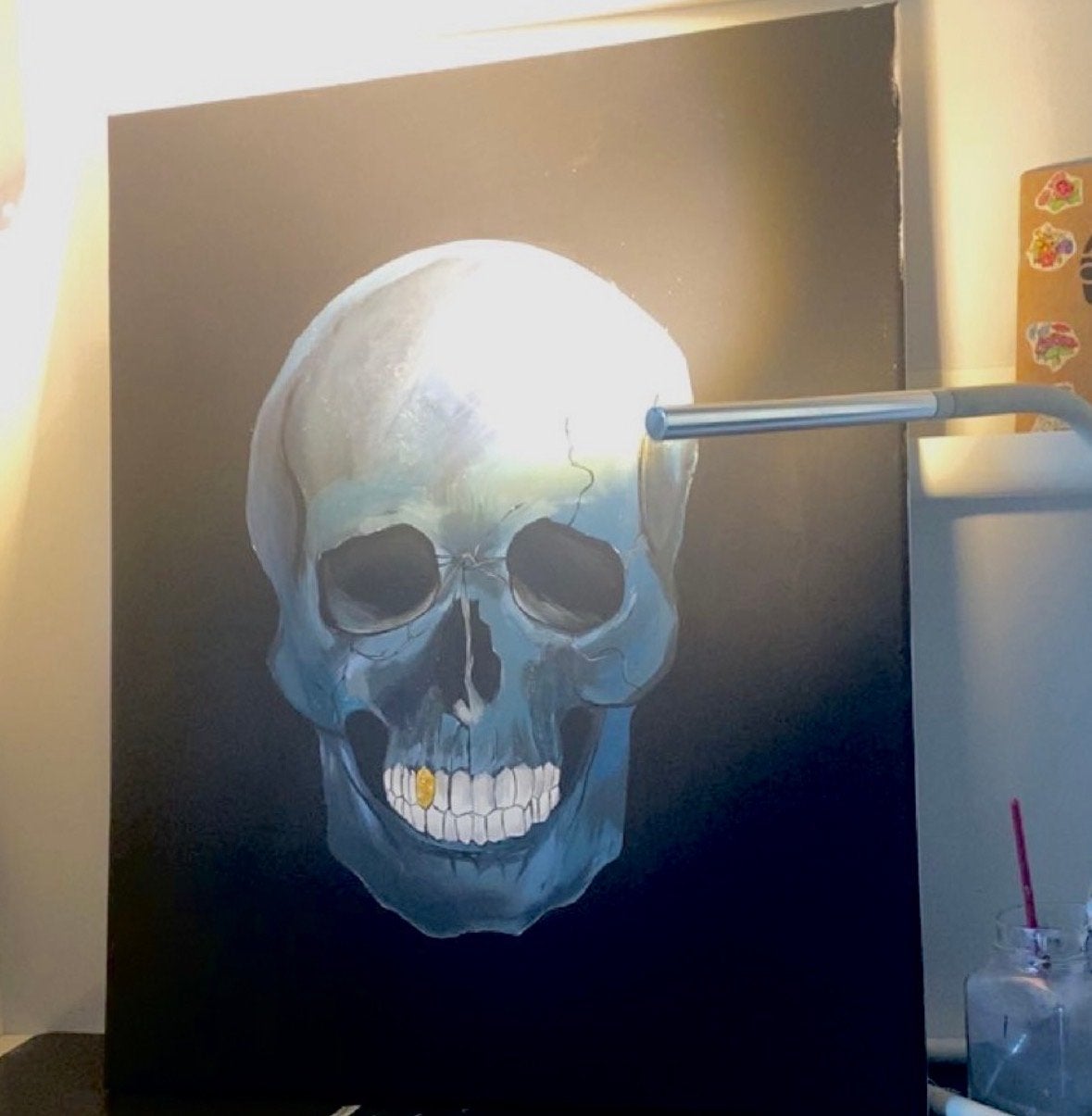 Uniek schedel schilderij met gouden tand, Ophalen of Verzenden