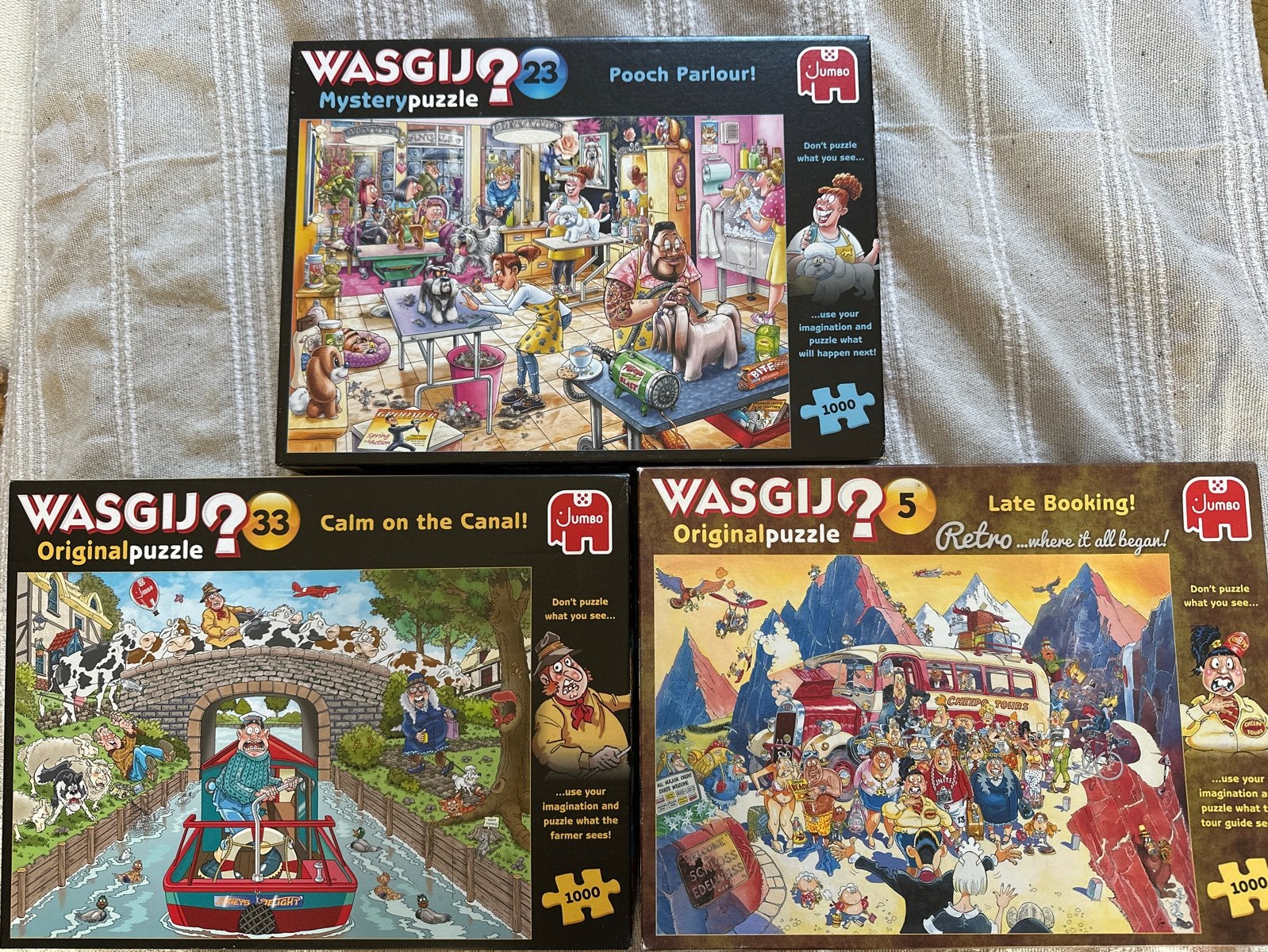 Drie Wasgij? puzzels - 1000 stukjes per stuk, Ophalen of Verzenden, 500 t/m 1500 stukjes, Gebruikt, Legpuzzel