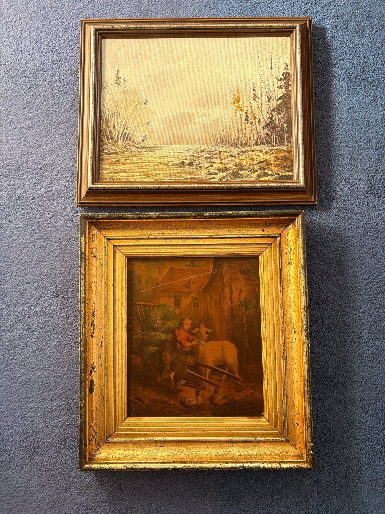 Twee ingelijste schilderijen: Landschap en Meisje met geit, Antiek en Kunst, Doek, Ophalen of Verzenden, Landschap, Olieverf
