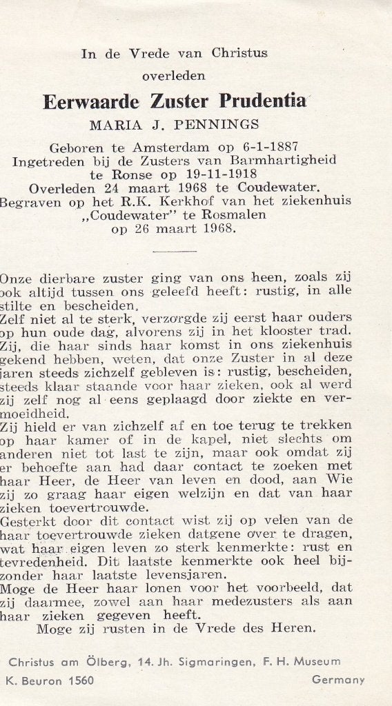 Pennings Maria 1887 Amsterdam 1968 Coudewater zuster, Verzamelen, Bidprentjes en Rouwkaarten, Ophalen of Verzenden, Bidprentje