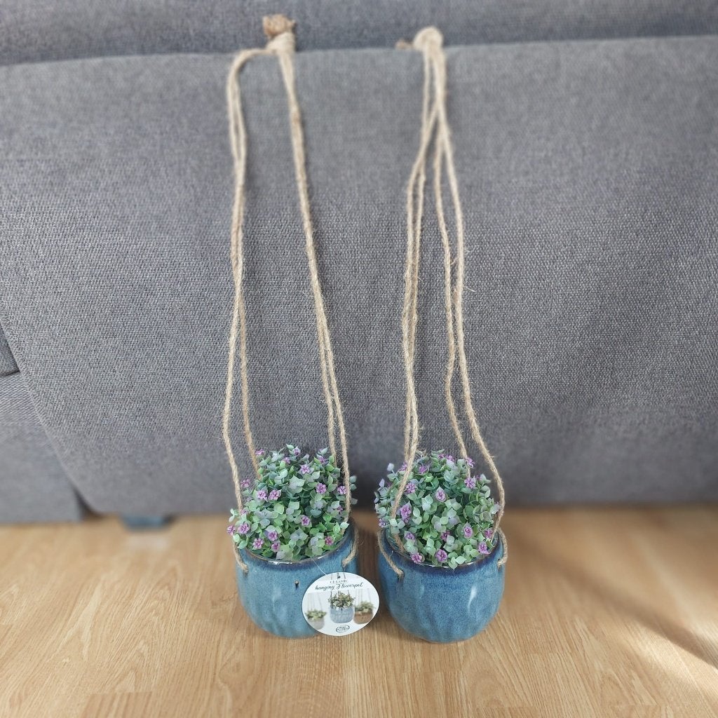 2xHangende keramische bloempot+eucalyptuskunstplant, Rond, Nieuw, Ophalen of Verzenden, Aardewerk