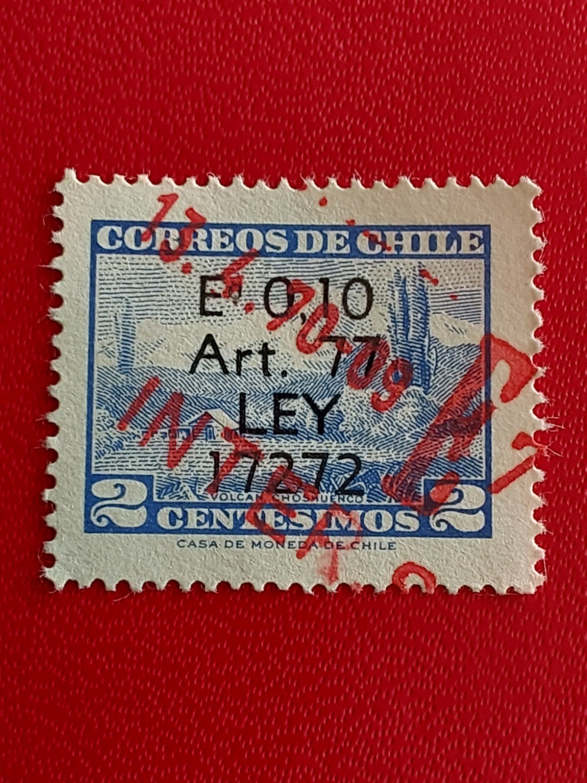 Postzegel Chili. Opdruk n.waarde  0,10#2  Choshuenco (gest), Ophalen of Verzenden, Zuid-Amerika