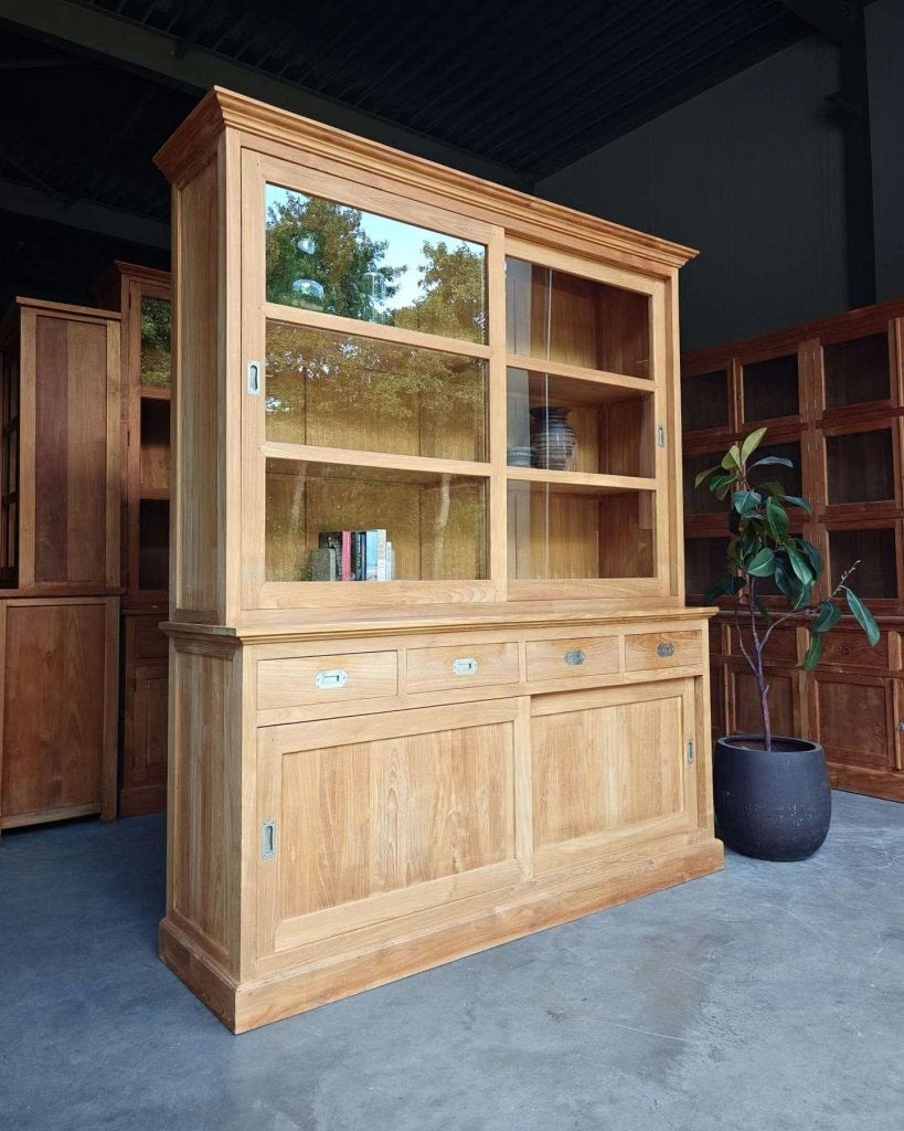 Nette teakhouten vitrinekast | Servieskast, buffetkast #7136, Gebruikt, -, 200 cm of meer, -