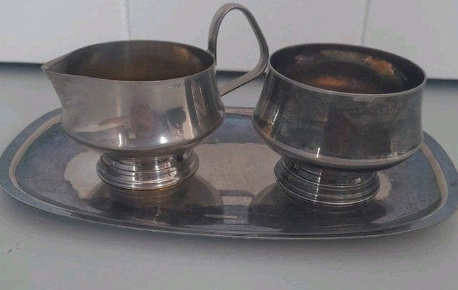 Diverse verzilverde items/ lepelvaasje/ suiker en melkkan, Ophalen of Verzenden
