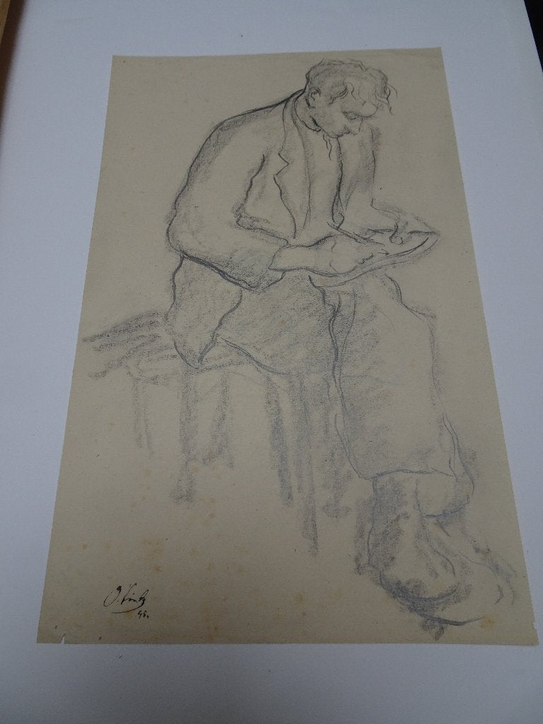 Tekening schrijvende man op een kruk J. Vink v Gogh 1945, Antiek en Kunst, Kunst | Tekeningen en Foto's, Ophalen of Verzenden