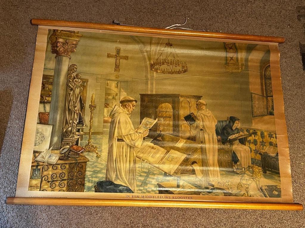 In een middeleeuws klooster, Antiek en Kunst, Antiek | Schoolplaten, Ophalen of Verzenden, Geschiedenis