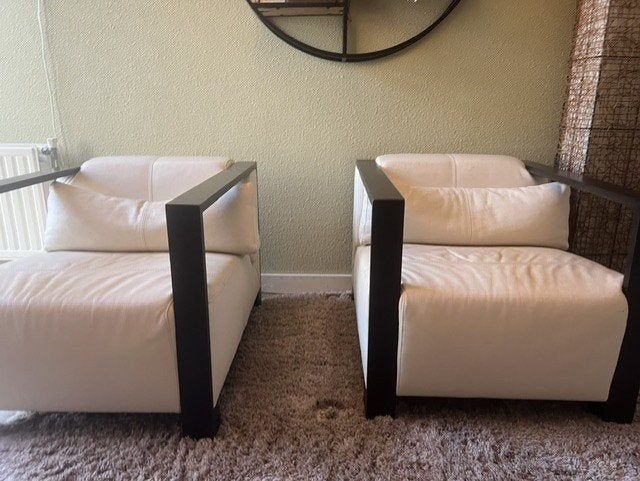 Set van 2 fauteuils art deco style"rookstoel" Creme/wit leer, Ophalen, Gebruikt, Art Deco, 50 tot 75 cm