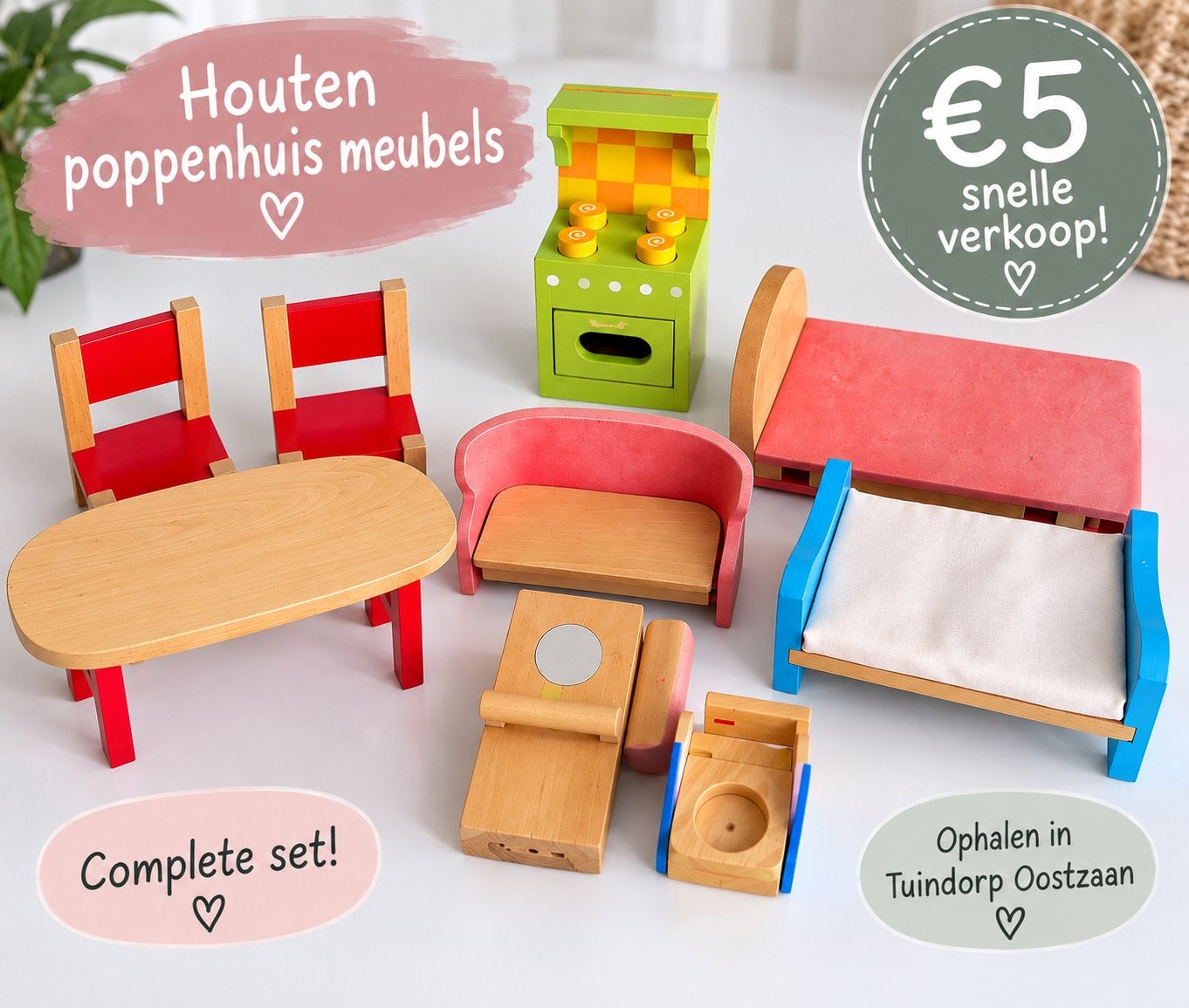 Houten poppenhuis meubels – complete set €5, Ophalen, Gebruikt, Poppenhuis