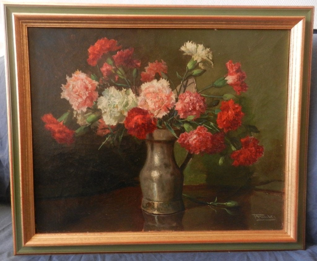 Olieverf Kan met anjers A. Funke Kupper 1869-1955 hxb 40x50, Antiek en Kunst, Bloemen, Doek, Realistisch, Ophalen of Verzenden