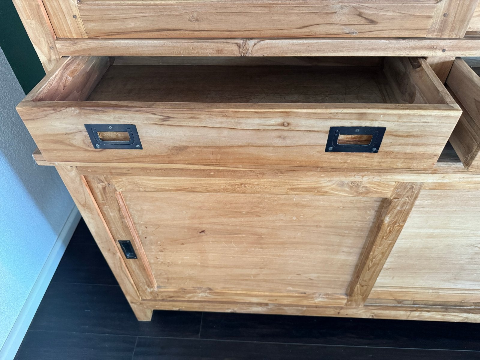 Teakhouten vitrinekast - veel opbergruimte, Ophalen, Gebruikt, 200 cm of meer, 150 tot 200 cm