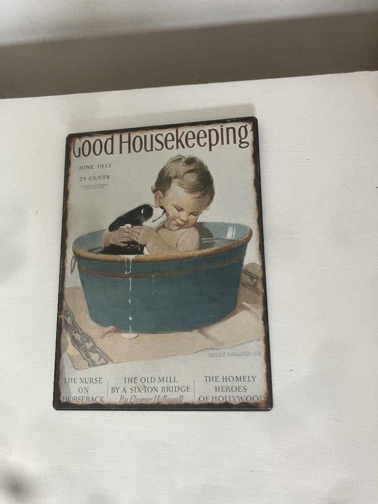 Vintage reclamebord van baby en puppy in badkuip, Ophalen of Verzenden