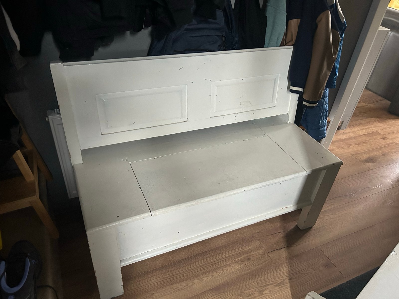 Witte houten bank met opbergruimte, Ophalen, Gebruikt, Minder dan 50 cm, 100 tot 125 cm
