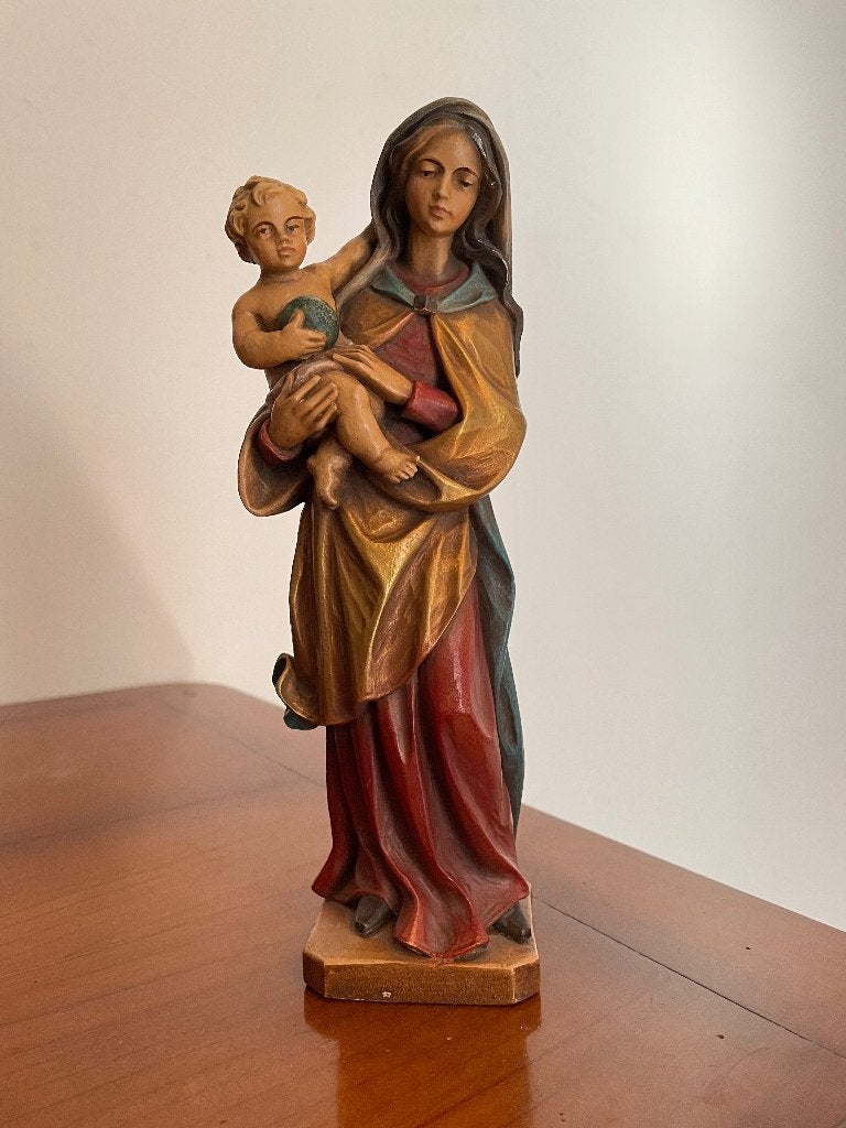 Handgesneden polychroom beeld: Maria en kindje Jezus, Ophalen of Verzenden