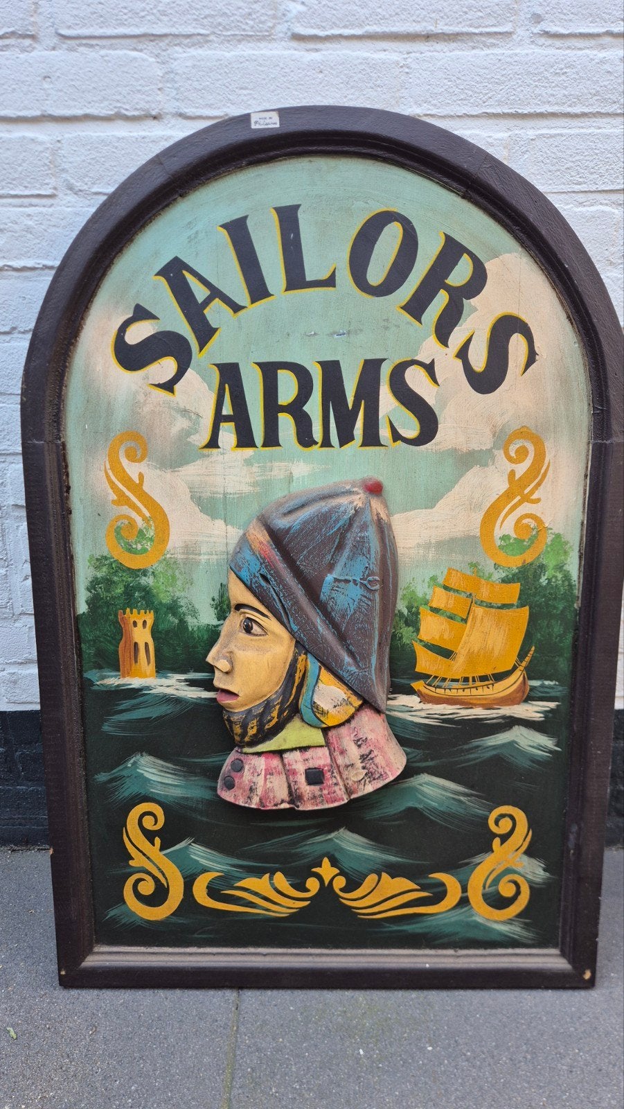 Vintage 'Sailors Arms' Pubbord - Handgesneden Hout cafe bord, Ophalen of Verzenden