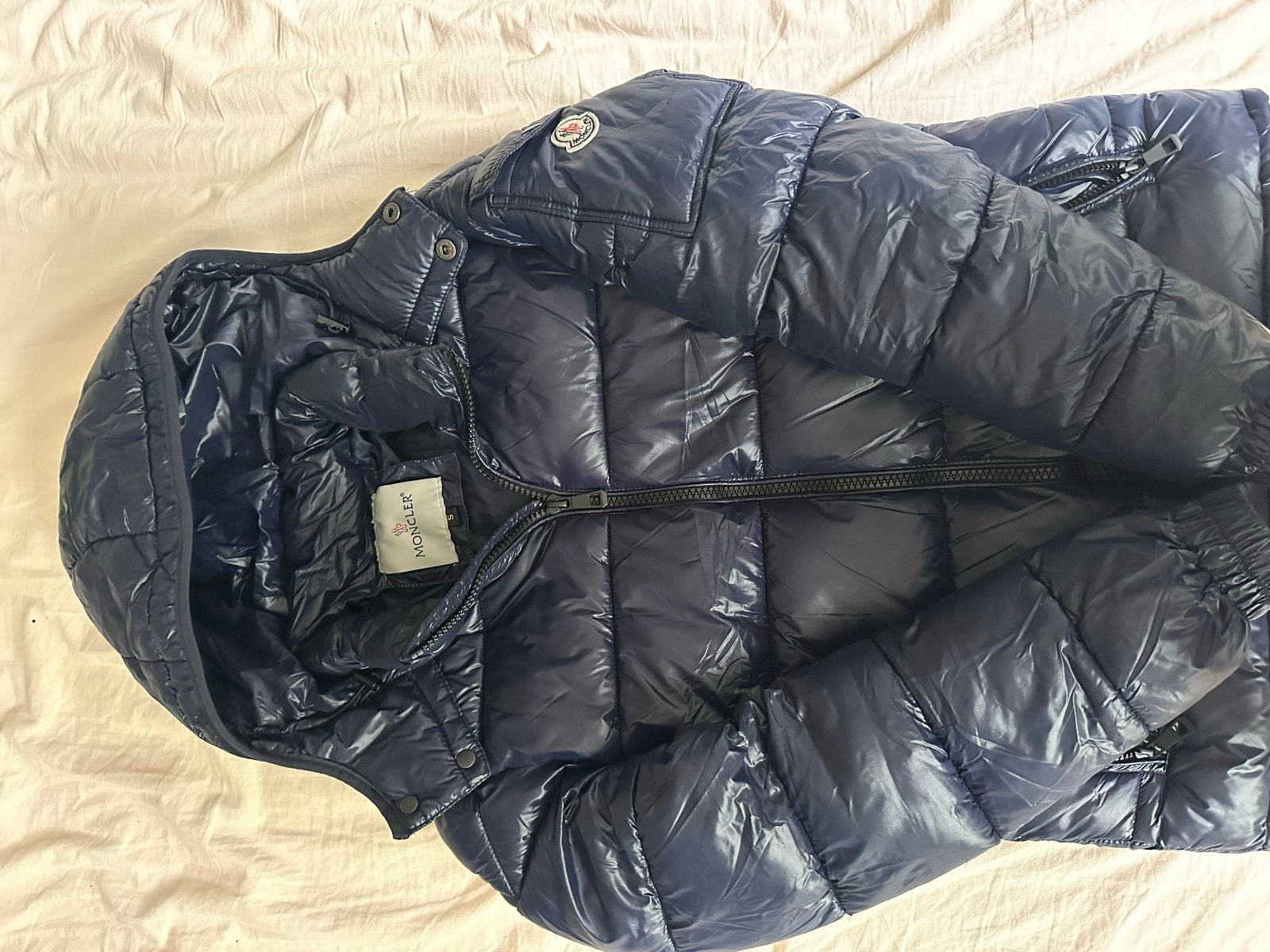 Moncler Puffer Jas Donkerblauw Maat S, Ophalen of Verzenden, Zo goed als nieuw, Maat 36 (S), Blauw