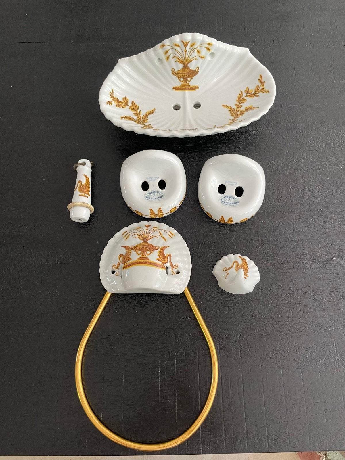 Vintage Porseleinen Badkamer Accessoires Set - Goud/Wit, Huis en Inrichting, Ophalen, Gebruikt, Wit, Overige typen