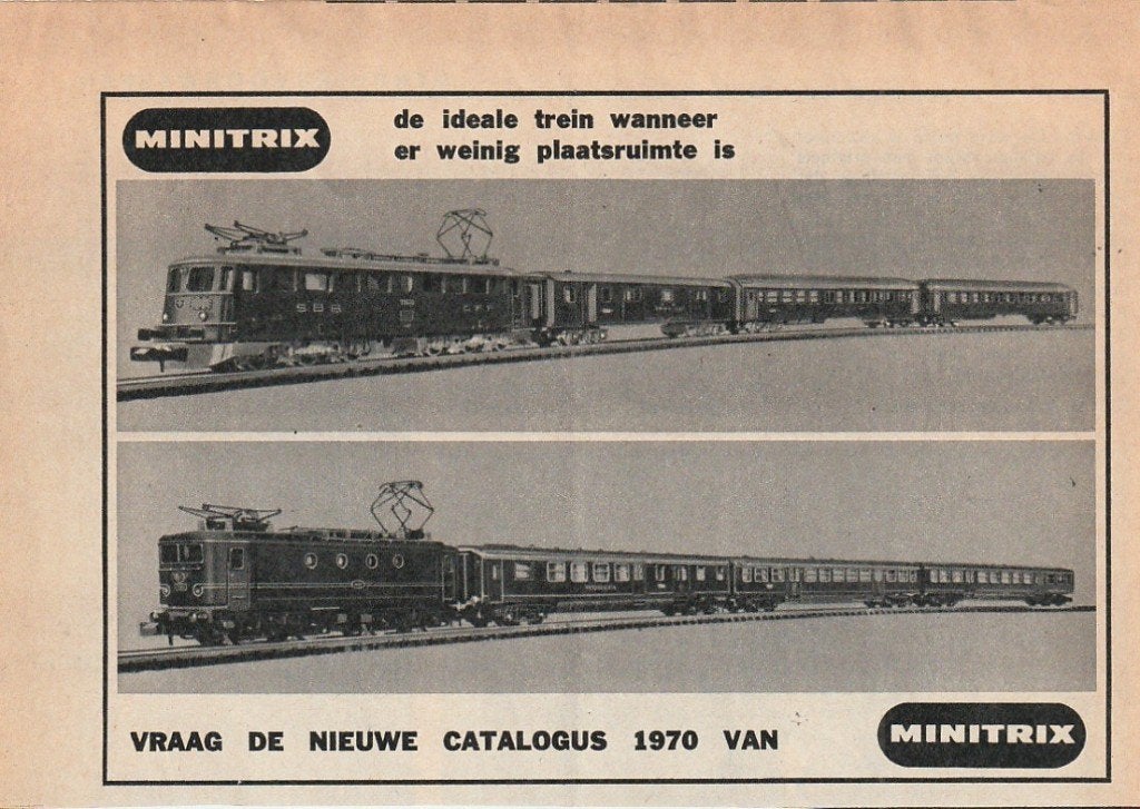 Retro reclame 1970 Minitrix modeltrein ideale kleinere trein, Verzenden, Overige typen