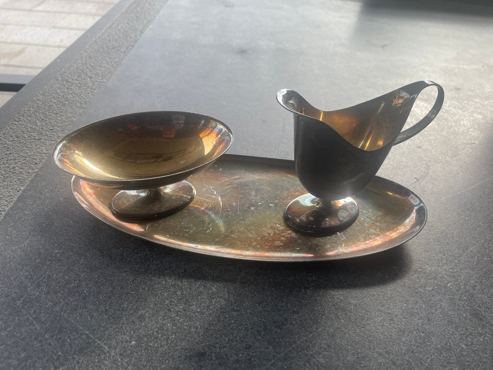 Vintage Zilverkleurig Dienblad met Kom en Schenkkan, Ophalen, Zilver