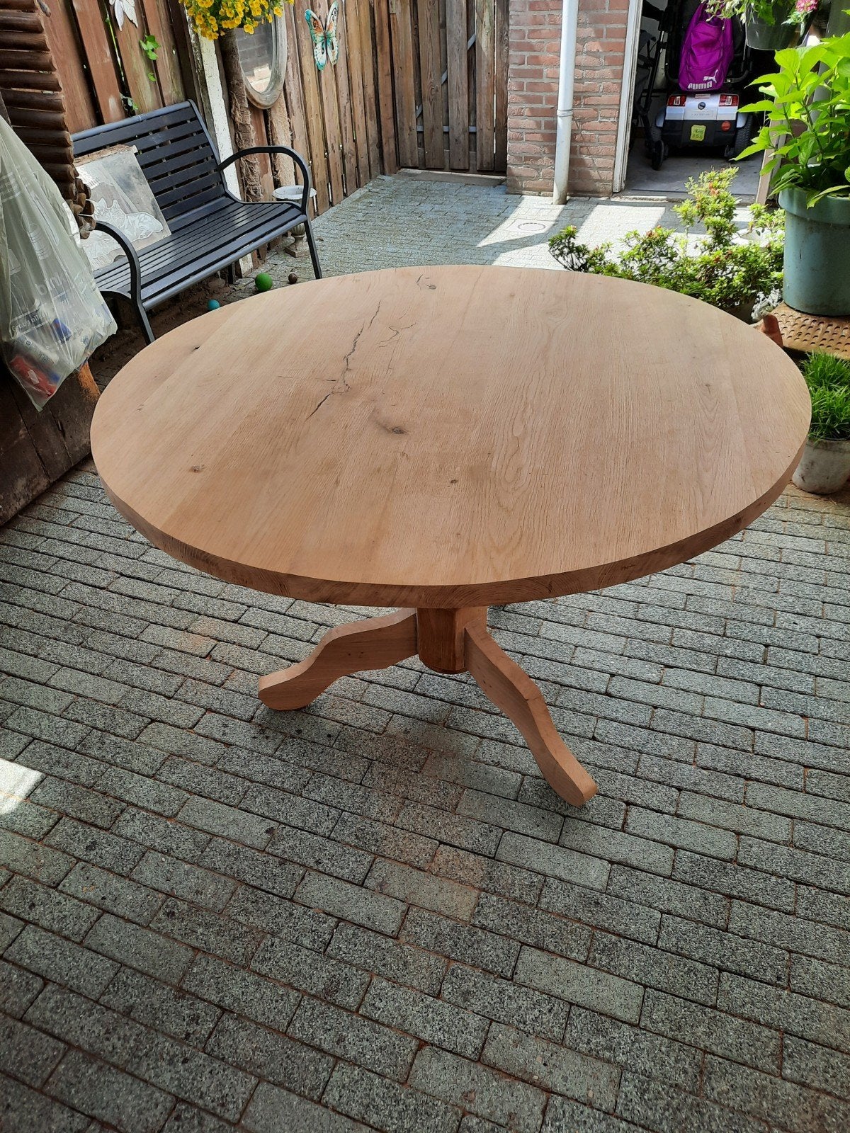 Eiken ronde tafel 4cm dik hoogte 72cm doorsnede 120cm, Rond, Ophalen of Verzenden, Zo goed als nieuw, Vier personen