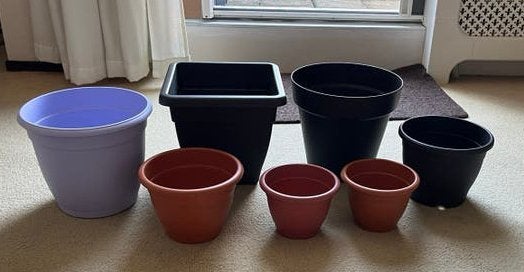 7 stuks plastic bloempotten, Tuin en Terras, Bloempotten, Ophalen, Rond, Zo goed als nieuw, Tuin