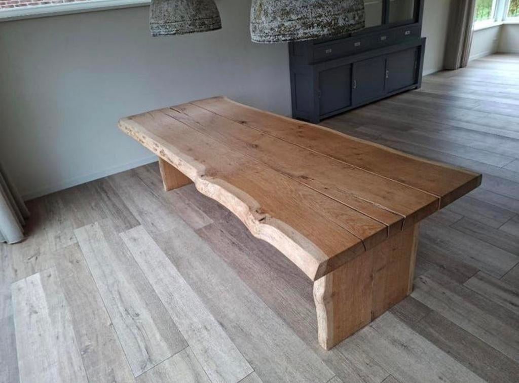 Unieke eiken eettafel /boomstamtafel 280x107 cm 7 cm dik, Ophalen, 200 cm of meer, 50 tot 100 cm, Zo goed als nieuw