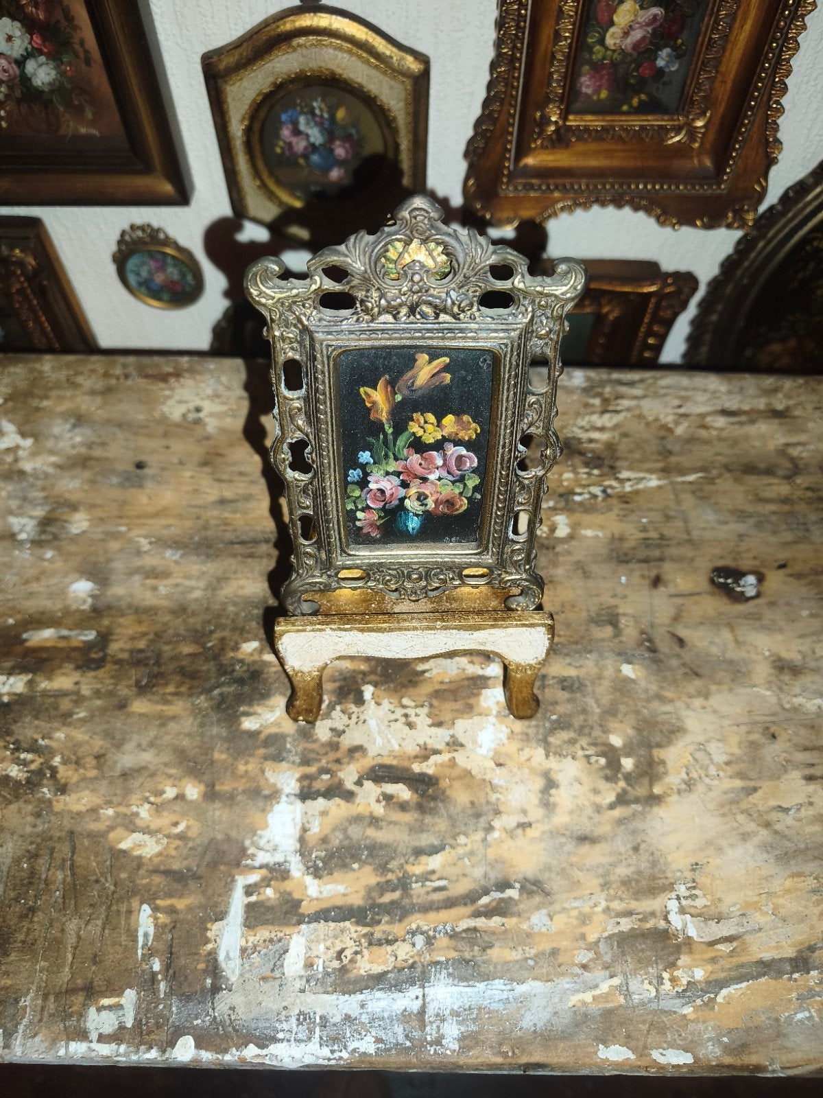 oud schilderijtje schilderij lijst stilleven bloemen X25, Antiek en Kunst, Ophalen of Verzenden