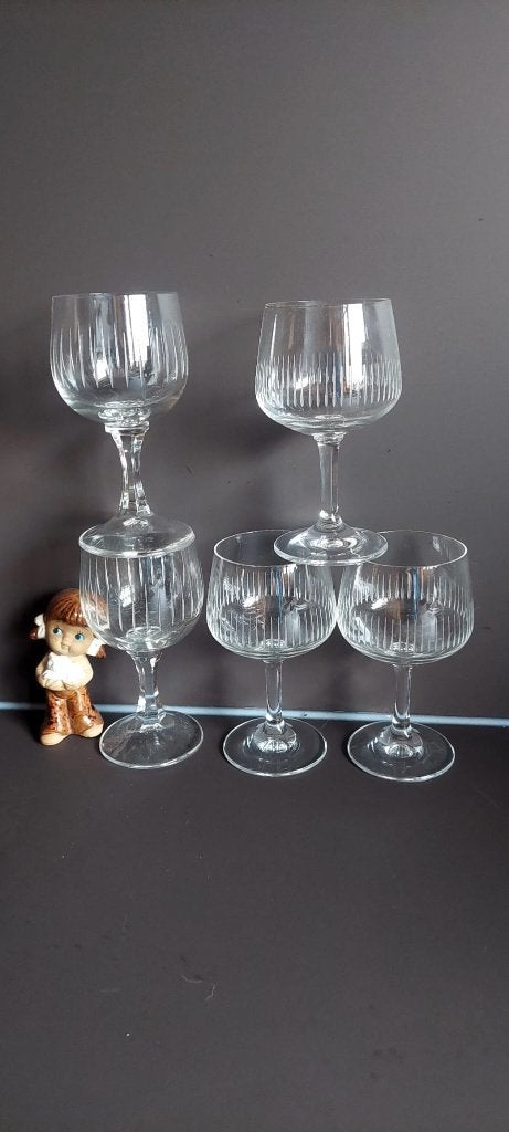 5 Vintage Franse Ballon Wijn glazen – Optisch Ribbel glas, Eu, Eu, Overige typen, Ophalen of Verzenden