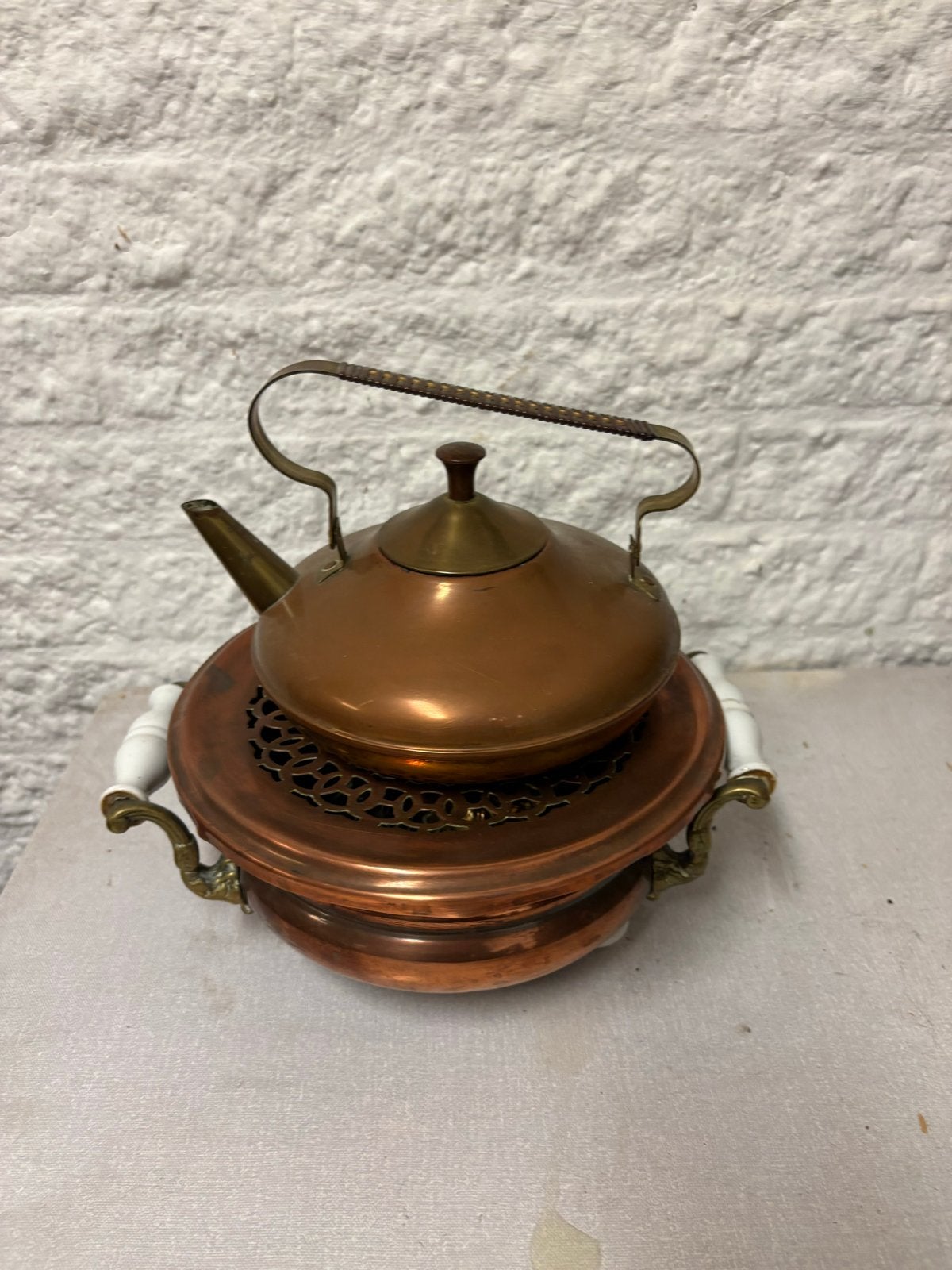 Bieden; Antiek koperen theeservies met rechaud (ca. 1900), Ophalen of Verzenden, Koper