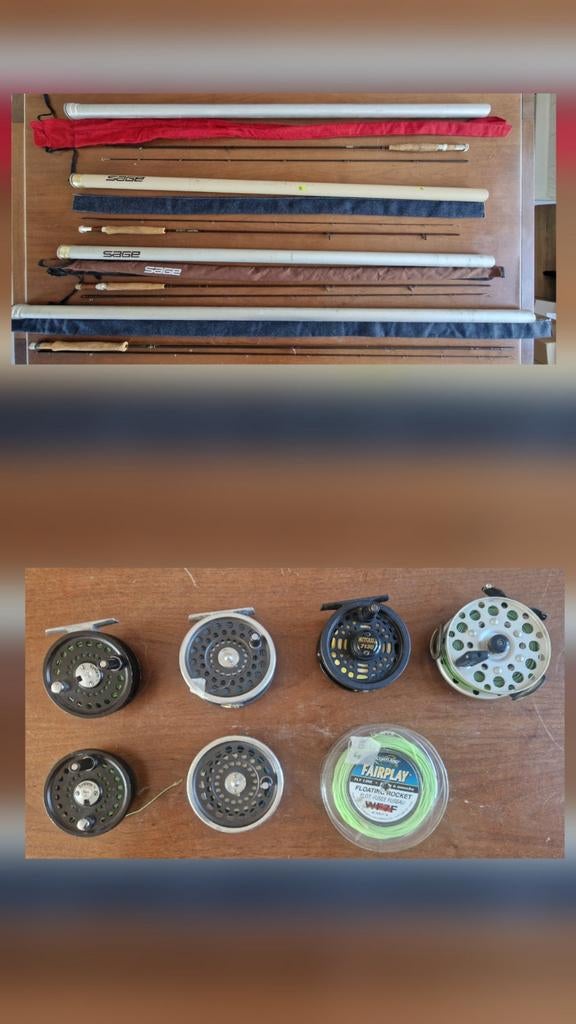 Complete collectie: Sage, Hardy, Elnetti – Hengels en reels., Watersport en Boten, Hengelsport | Vliegvissen, Ophalen of Verzenden