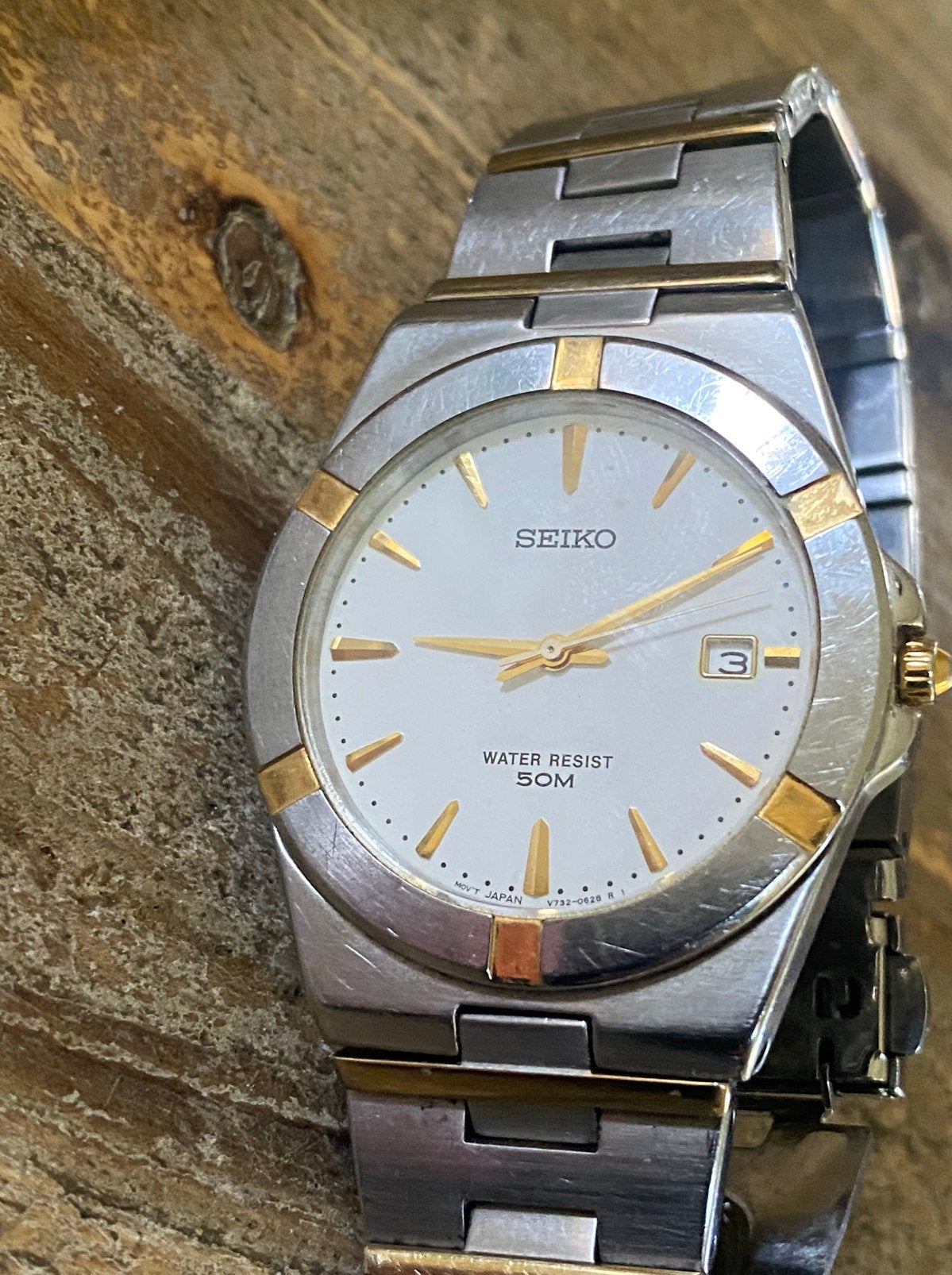 Seiko horloge V732-0390 R1 met saffierglas, tweekleurig, her, Sieraden, Tassen en Uiterlijk, Gebruikt, Staal, Polshorloge, Ophalen of Verzenden