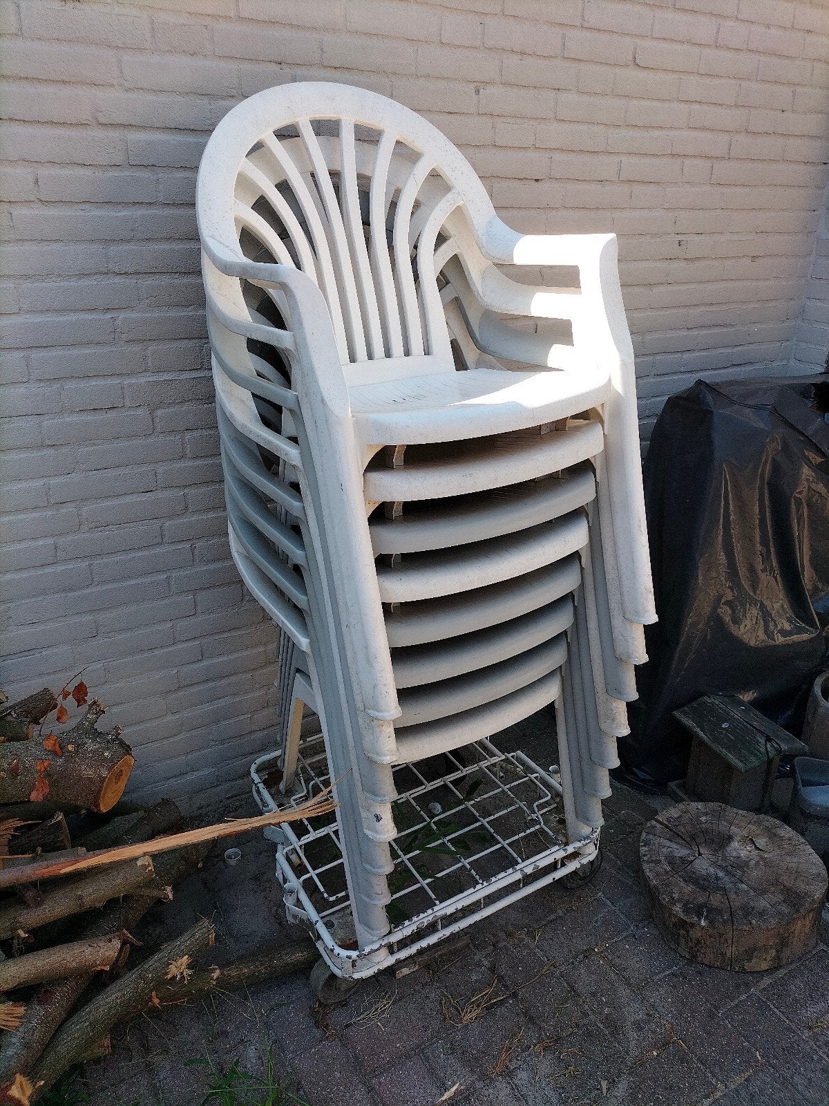 8x hartman tuinstoelen stapelbaar eventueel incl. hoes + kar, Ophalen, Gebruikt, Kunststof, Stapelbaar