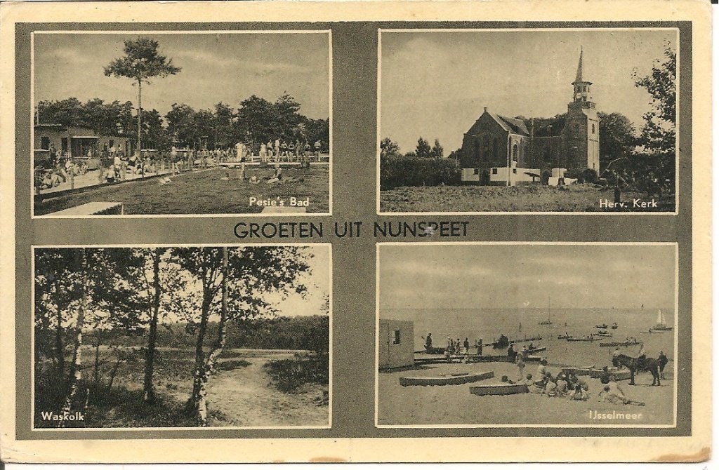 Oude Ansichtkaart Nunspeet (1953) - 4 Gezichten, Ophalen of Verzenden, 1940 tot 1960, Gelopen, Gelderland