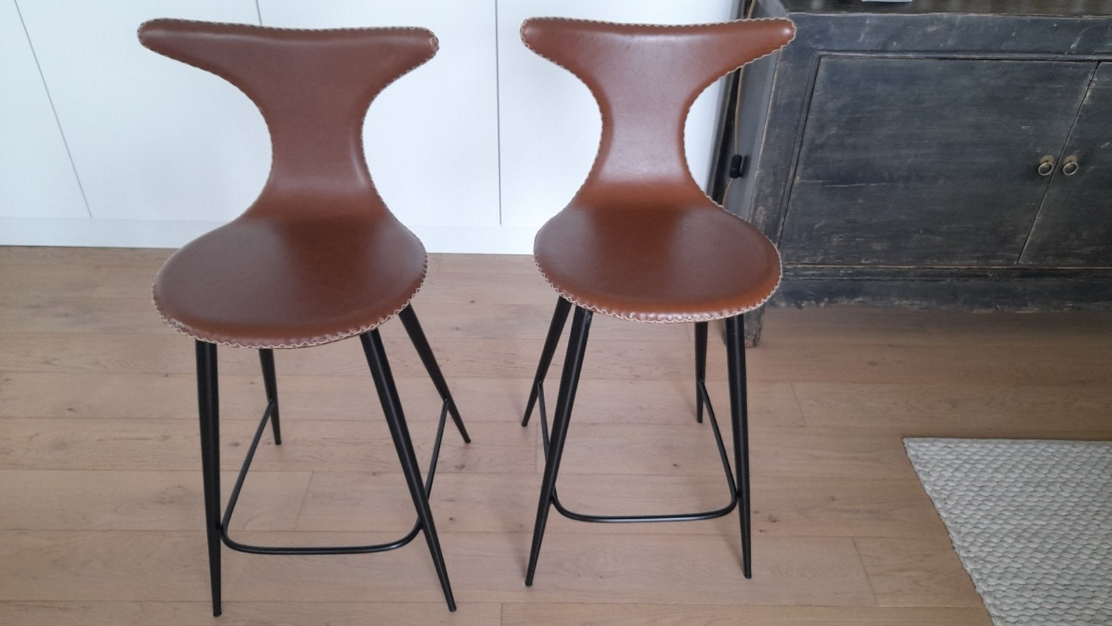 2 Leren Barkrukken Cognac/Bruin, Ophalen, Gebruikt, Met voetsteun, Leer