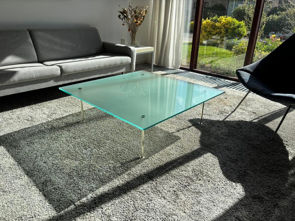 Tonelli salon tafel 100x100 in mat glas, Ophalen, 50 tot 100 cm, Minder dan 50 cm, Rechthoekig