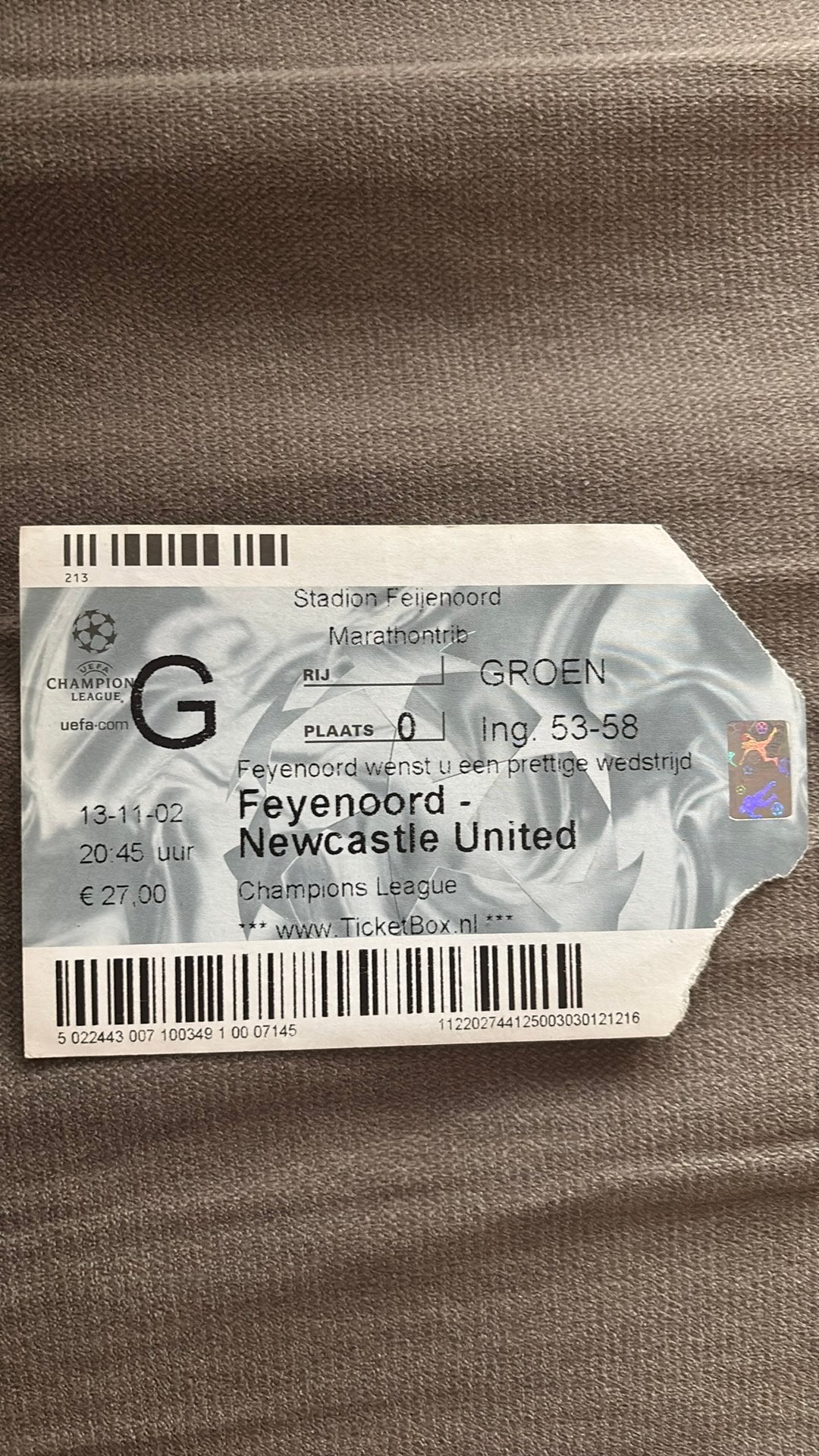 Oud stadionticket feyenoord newcastle united 2002, Ophalen of Verzenden, Feyenoord