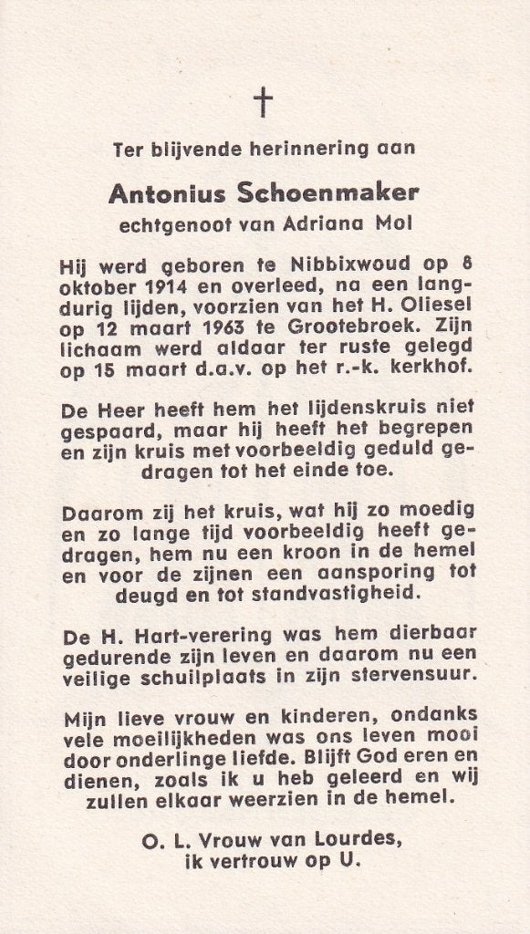 Schoenmaker Antonius 1914 Nibbixwoud 1963 Grootebroek, Verzamelen, Ophalen of Verzenden, Bidprentje