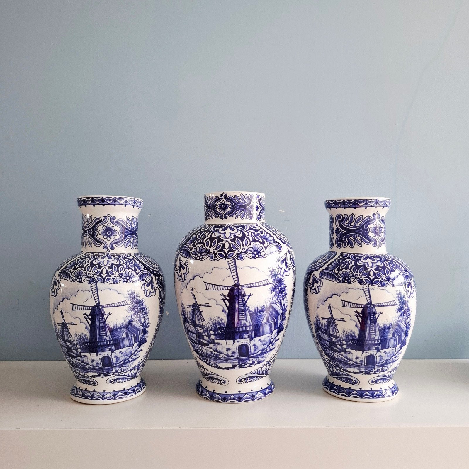 T. Delfts Bleau, 3-delig kaststel met Hollandse molens, Antiek en Kunst, Ophalen of Verzenden