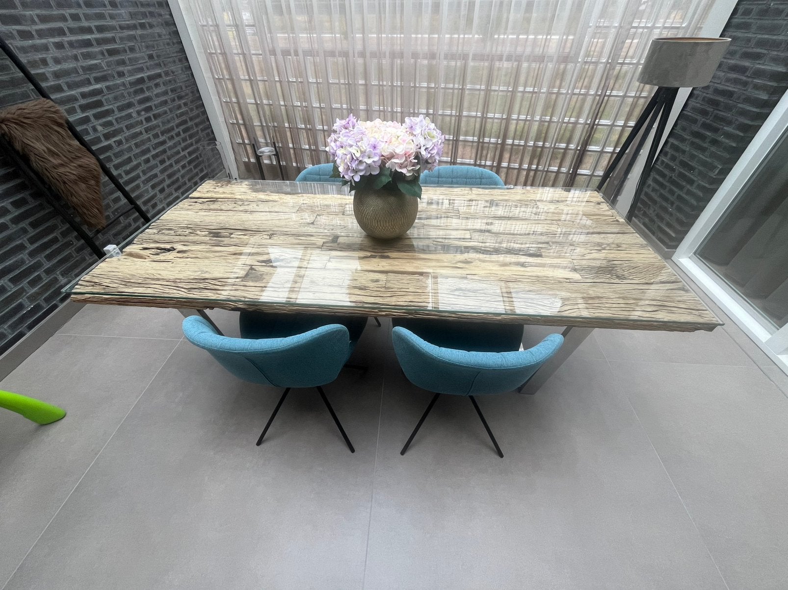 Teak eettafel met glasplaat Goossens, Ophalen, Teakhout, 200 cm of meer, 50 tot 100 cm