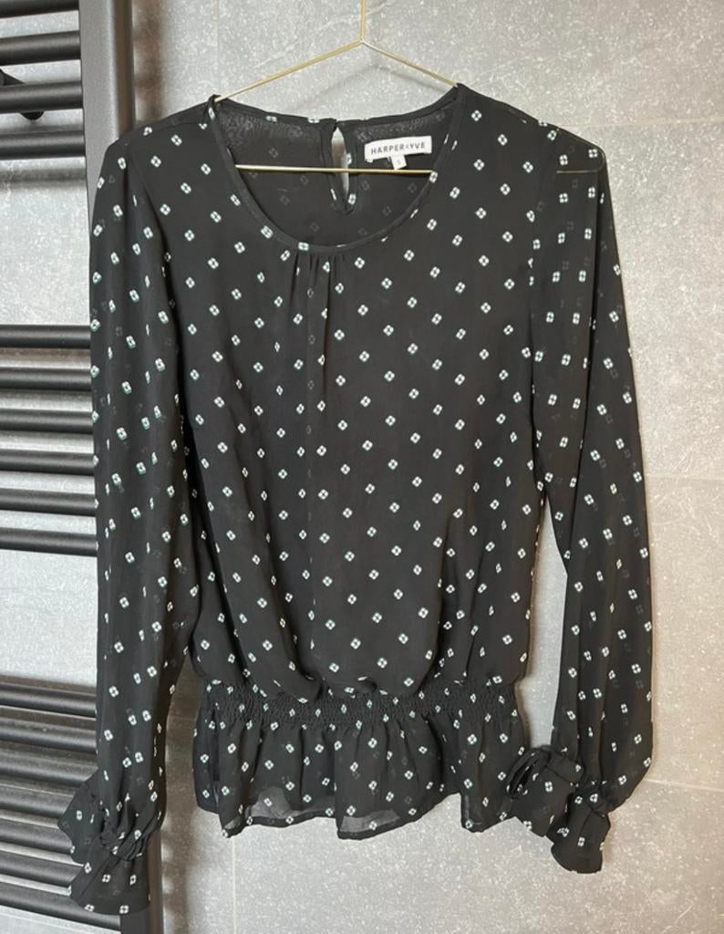Zwarte blouse lange mouwen en print - Harper & Yve - maat S, Ophalen of Verzenden, Zo goed als nieuw, Maat 36 (S), Zwart