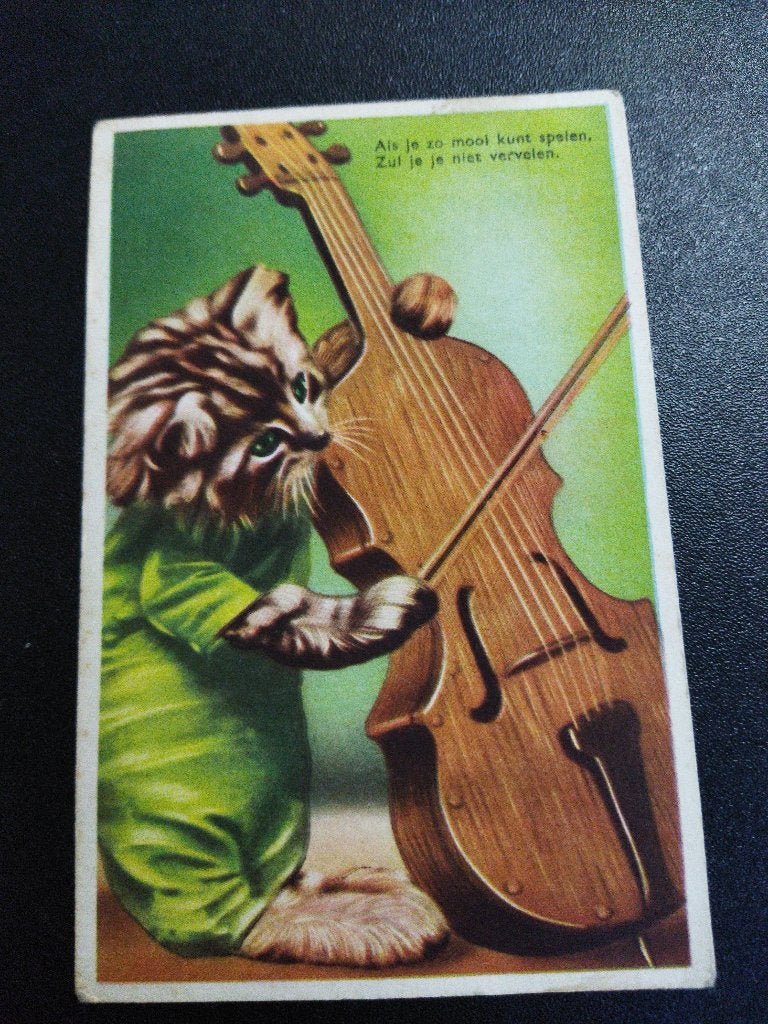 Vintage ansichtkaart poesje speelt viool, Ophalen of Verzenden, 1940 tot 1960, Gelopen, Overige thema's