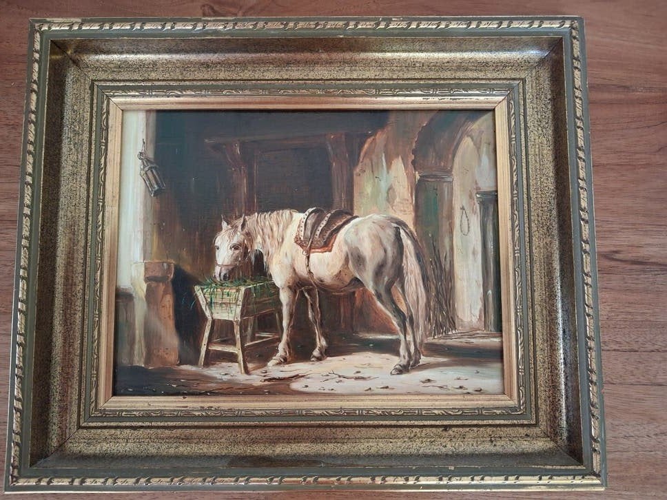 paard in stal van R. Noorlander olie op hout, Paneel, Oud hollands, Dieren, Ophalen of Verzenden