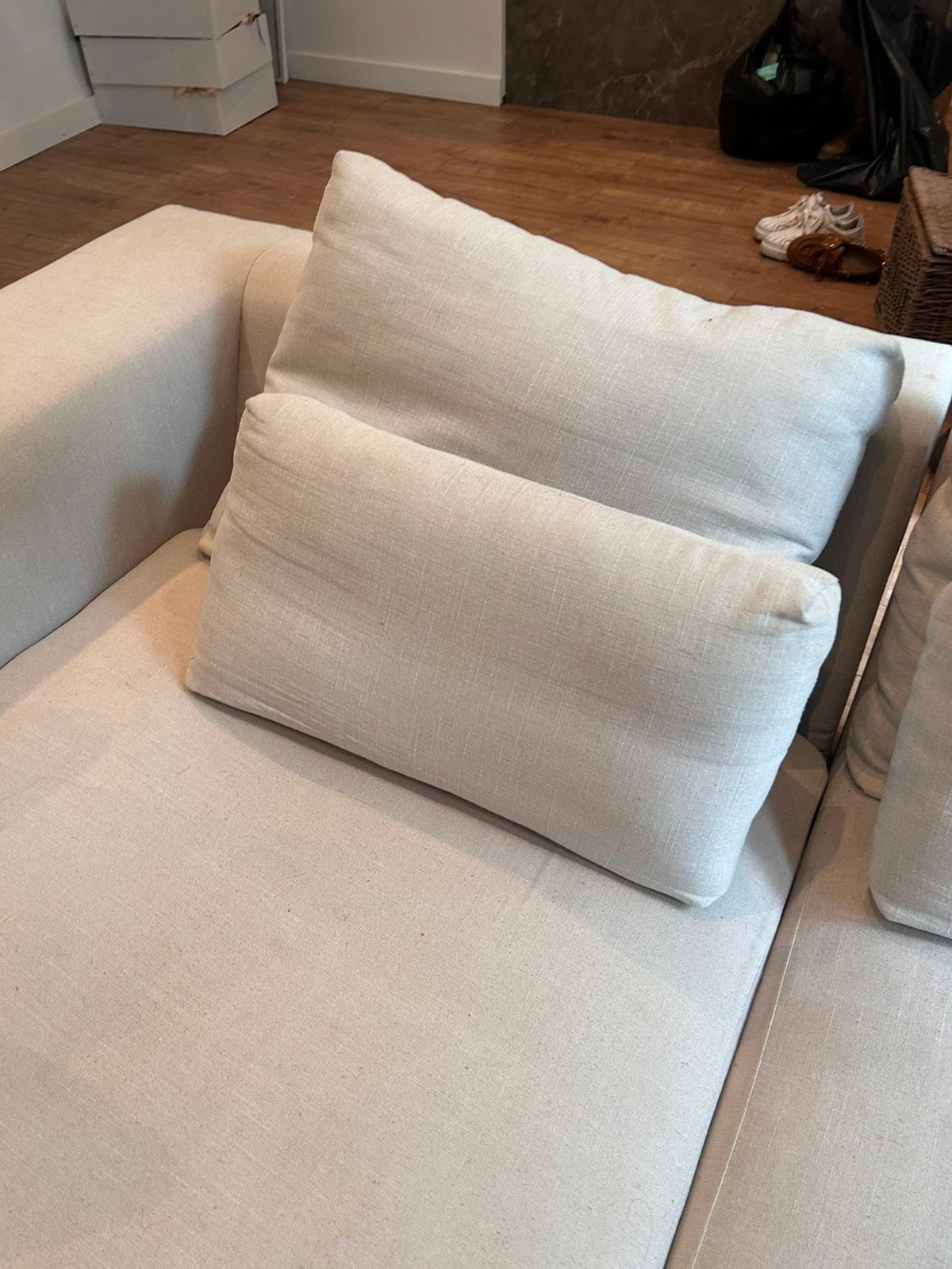 Comfortabele Hoekbank - beige  Stof, Huis en Inrichting, Banken | Bankstellen, Ophalen, 250 tot 300 cm, Gebruikt, 100 tot 125 cm