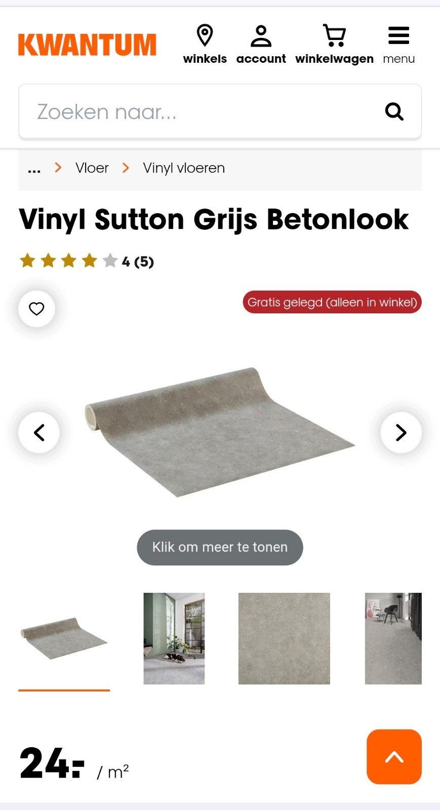 Vinyl vloer beton look, Ophalen, Overige typen, Zo goed als nieuw, 10 m² of meer