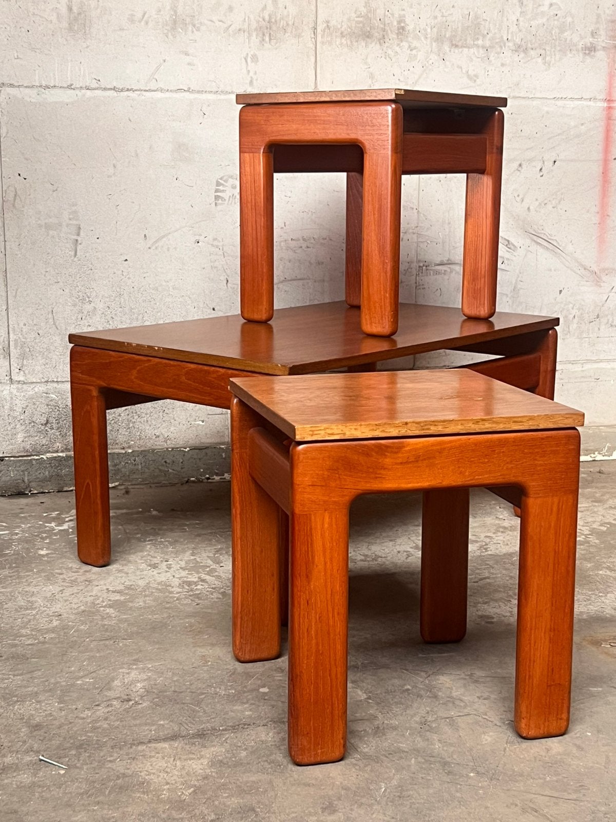 Vintage salontafel | bijzettafels set teakhouten onderstel, Gebruikt, 50 tot 100 cm, ., .