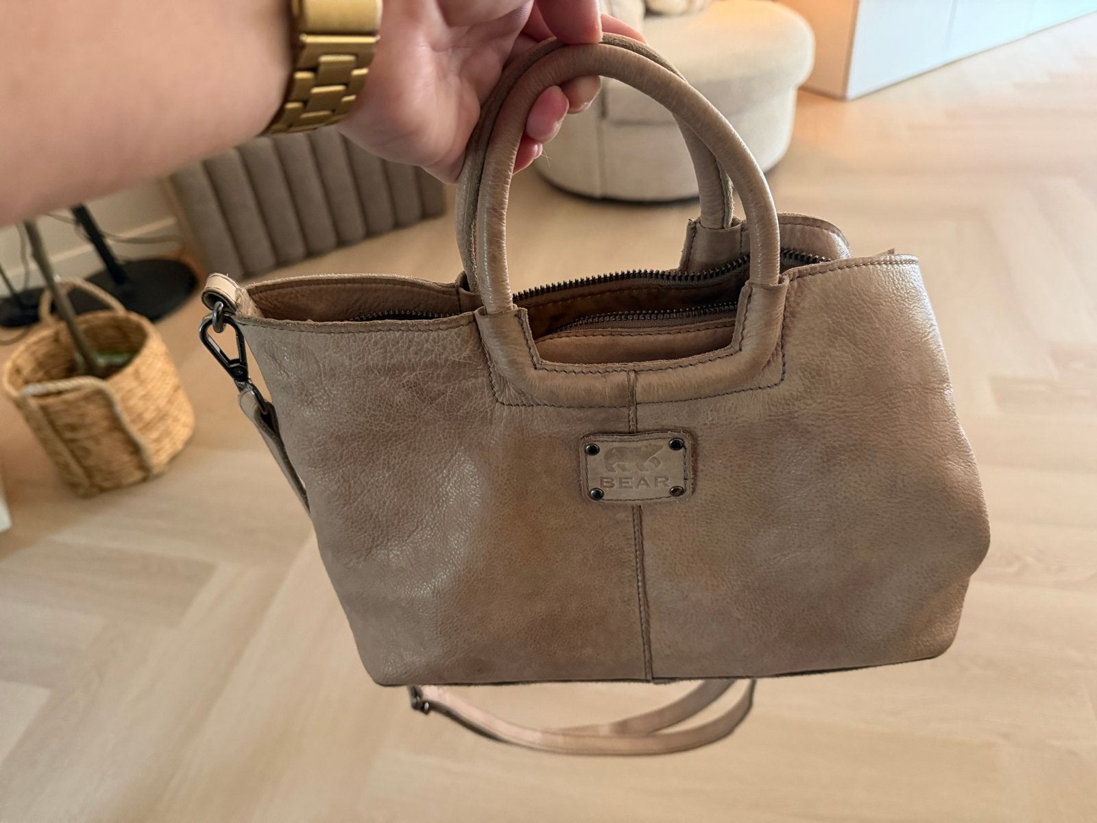 Stijlvolle Bear handtas/schoudertas - Beige leer, Ophalen of Verzenden, Gebruikt, Beige, Handtas