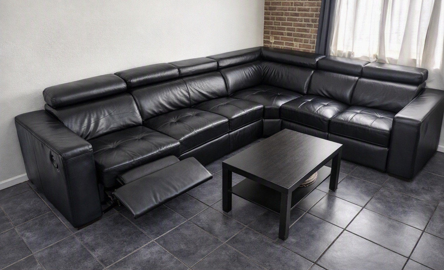 Zwarte Leren Hoekbank met Relaxfunctie en Fauteuil, Huis en Inrichting, Ophalen of Verzenden, Zo goed als nieuw, Leer, Modern, Klassiek, Comfort