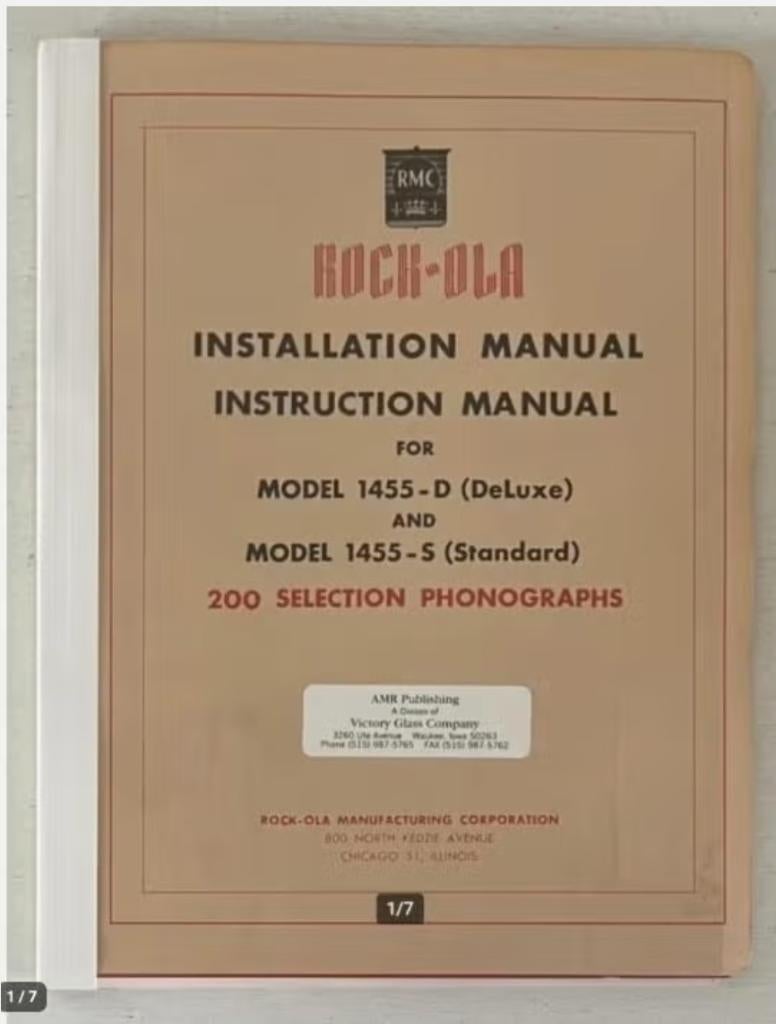 Rock-Ola 1455-D And 1455-S Jukebox Installation Manual, Ophalen of Verzenden, Gebruikt, 1970 tot heden, Rock Ola