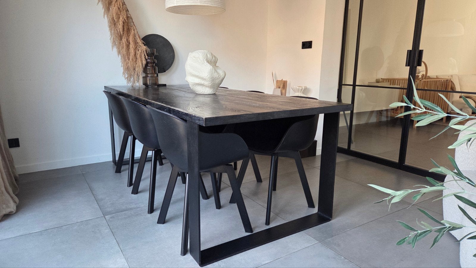 Eiken eettafel (220x100cm) met 6 zwarte kuipstoelen, Ophalen, Gebruikt, 100 tot 150 cm, Eikenhout